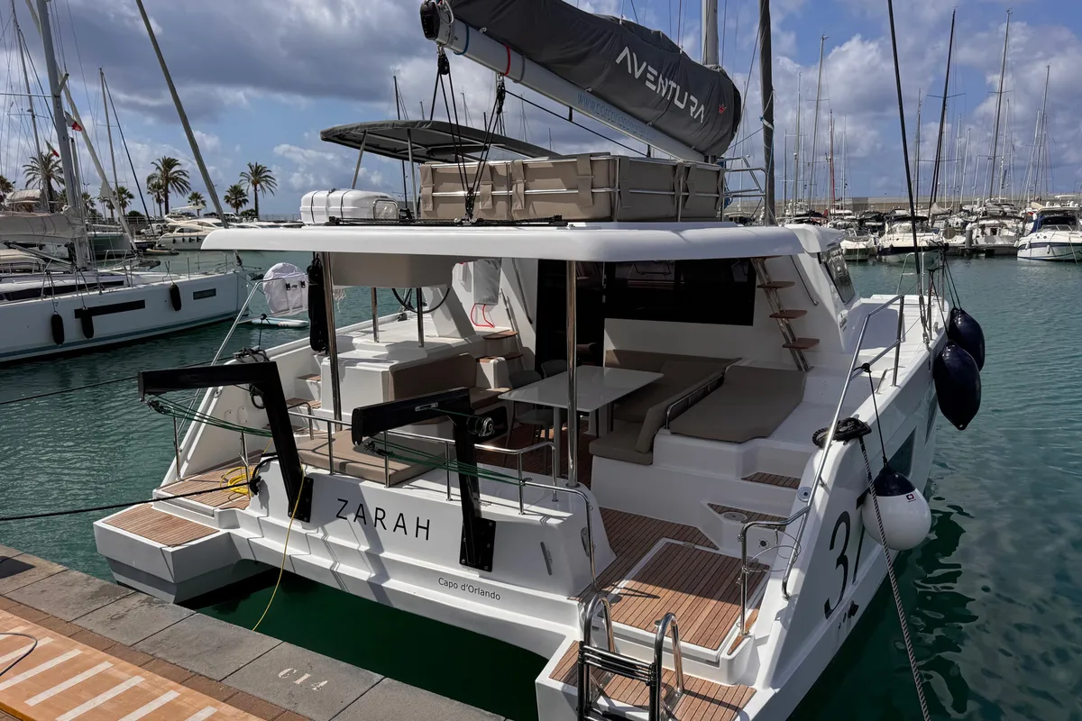 Exterior view of Zarah, a Aventura 37 catamaran at Capo d'Orlando, Italy