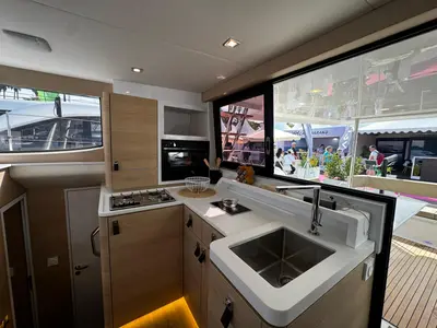 Galley of Zarah, a Aventura 37 catamaran at Capo d'Orlando, Italy