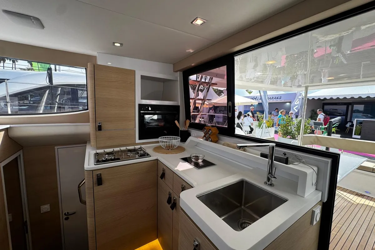 Galley of Zarah, a Aventura 37 catamaran at Capo d'Orlando, Italy