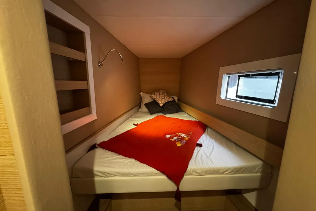 Cabin on Zarah, a Aventura 37 catamaran at Capo d'Orlando, Italy