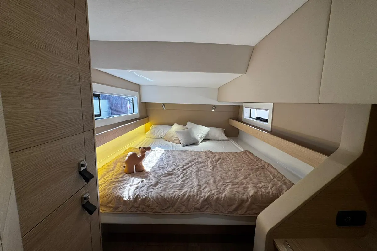Cabin on Zarah, a Aventura 37 catamaran at Capo d'Orlando, Italy