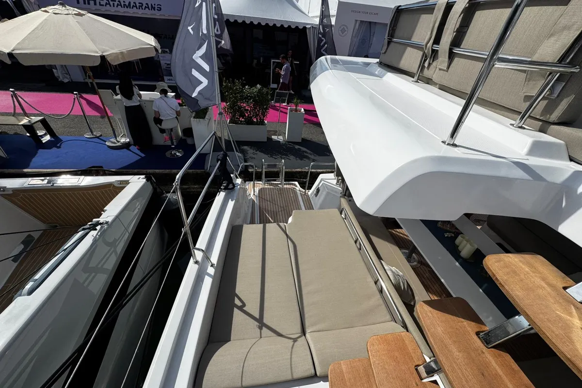 Deck of Zarah, a Aventura 37 catamaran at Capo d'Orlando, Italy