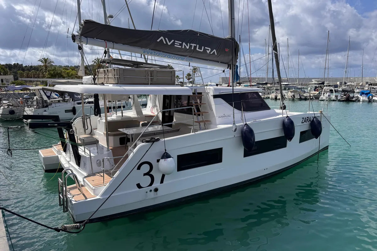 Exterior view of Zarah, a Aventura 37 catamaran at Capo d'Orlando, Italy