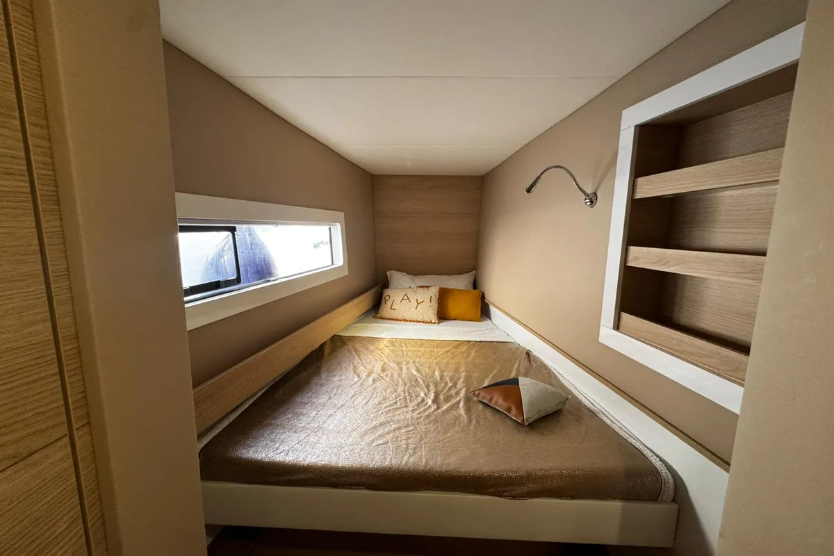 Cabin on Zarah, a Aventura 37 catamaran at Capo d'Orlando, Italy