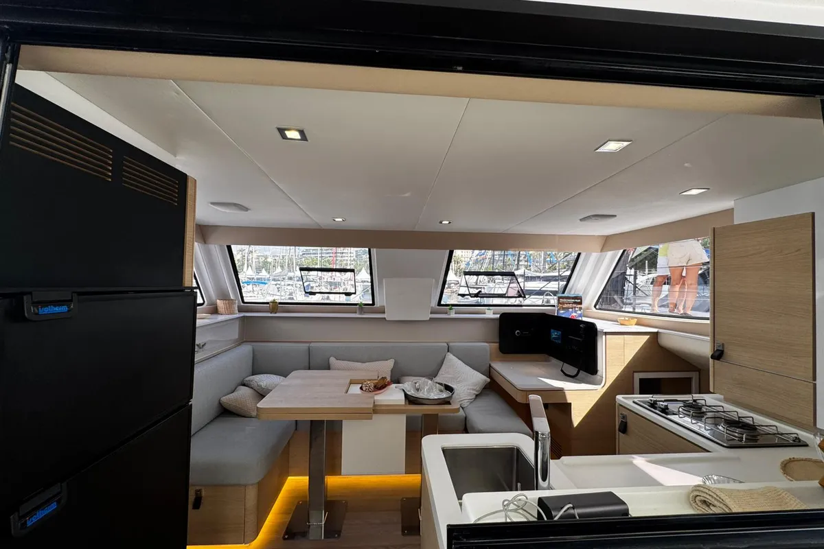 Salon of Zarah, a Aventura 37 catamaran at Capo d'Orlando, Italy