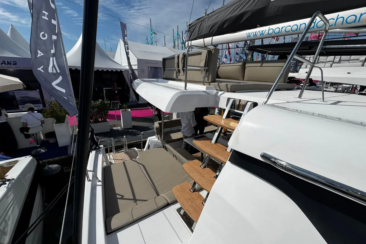 Deck of Zarah, a Aventura 37 catamaran at Capo d'Orlando, Italy