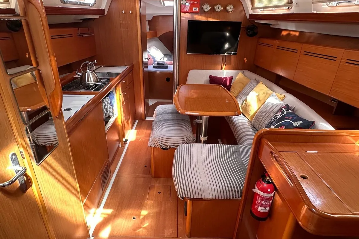 Salon of Miss Aleyna, a Beneteau Cyclades 39.3 sailboat at Fethiye, Turkey