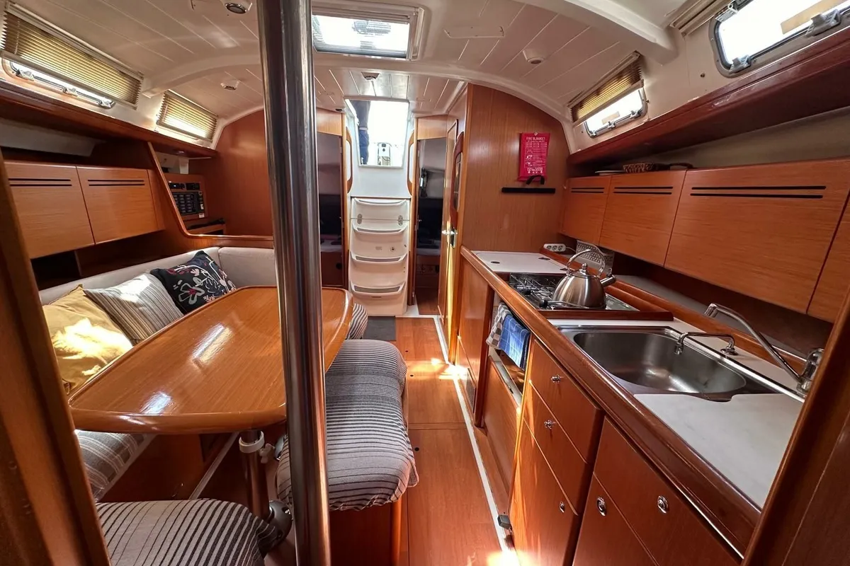 Salon of Miss Aleyna, a Beneteau Cyclades 39.3 sailboat at Fethiye, Turkey