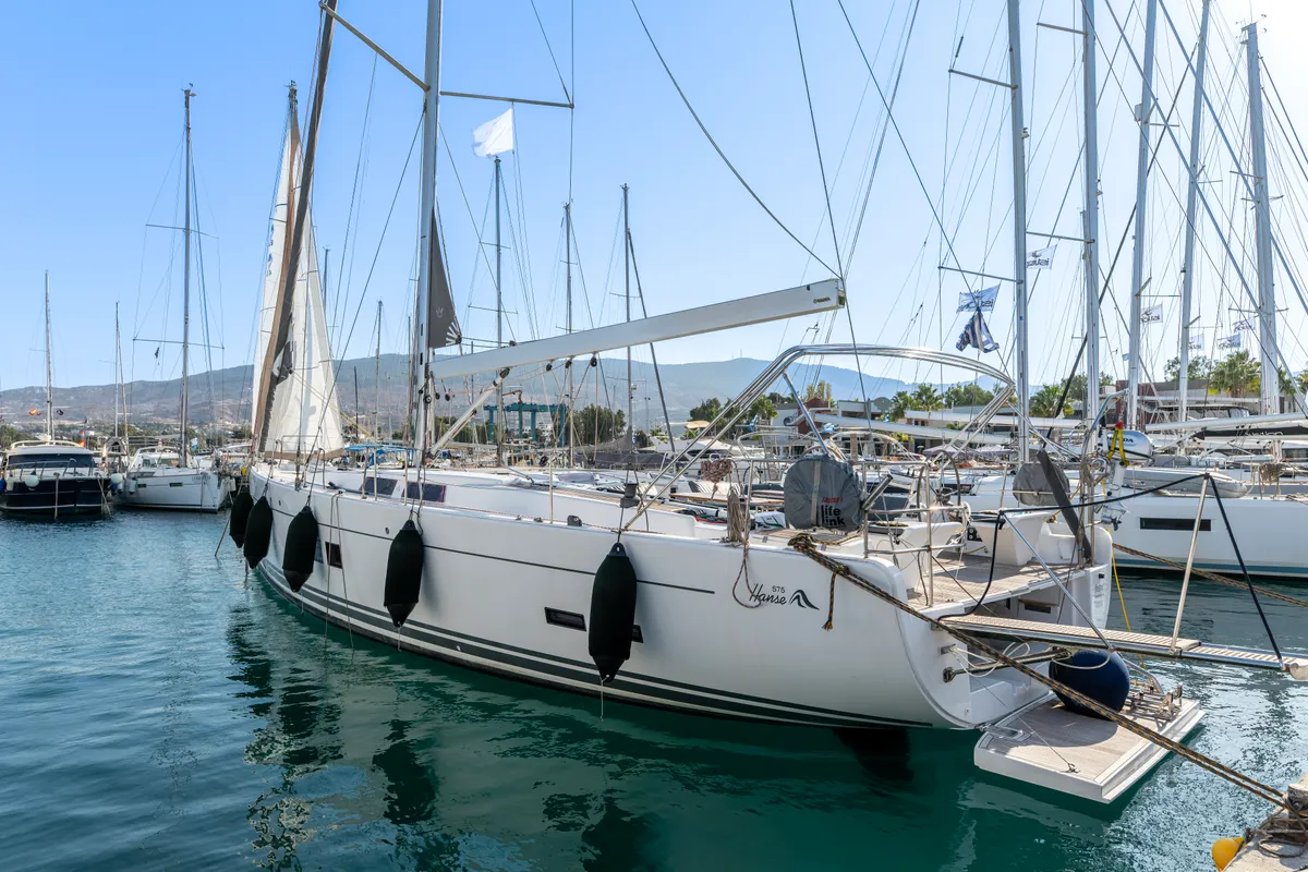 Exterior view of Premium, a Hanse 575 sailboat at Piraeus, Greece