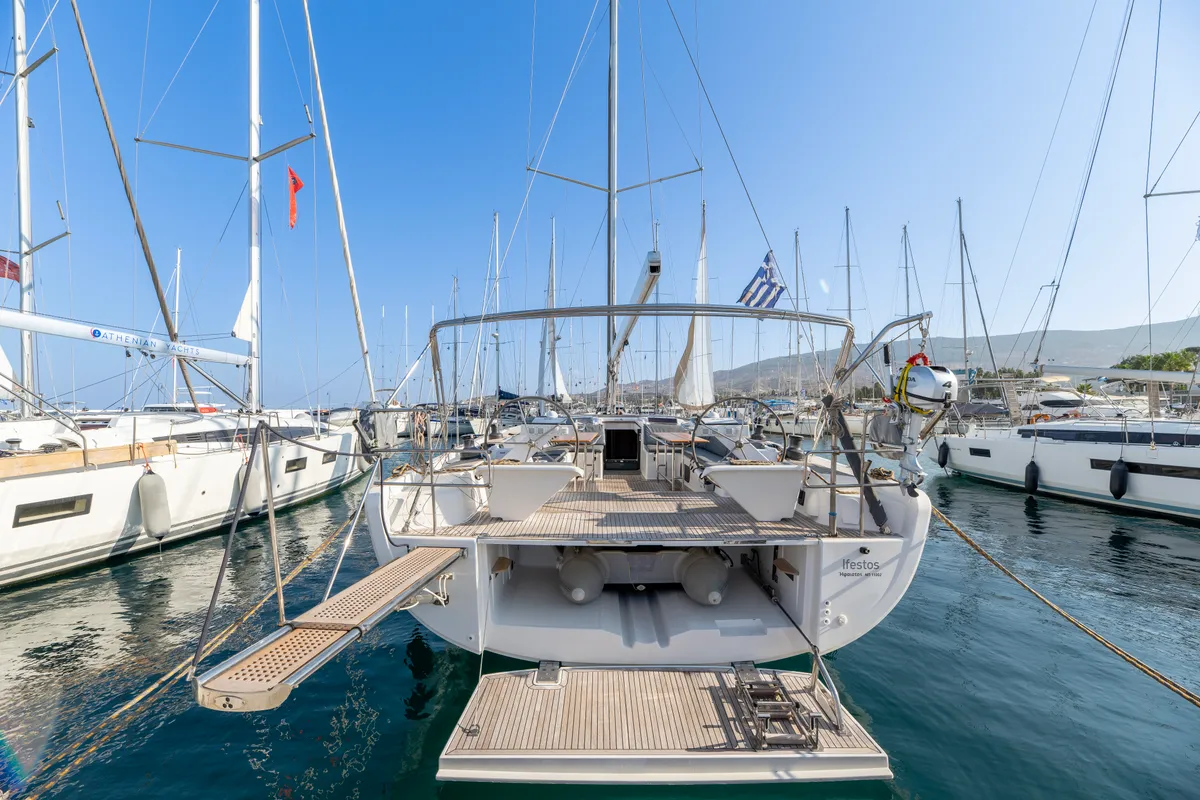 Exterior view of Premium, a Hanse 575 sailboat at Piraeus, Greece