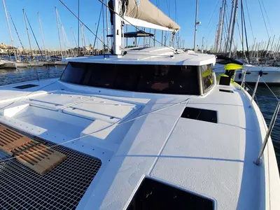 Deck of Follow the Sun, a Fountaine Pajot Astrea 42 catamaran at Municipal Unit of Lefkada, Greece