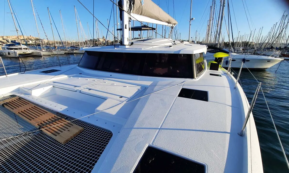 Deck of Follow the Sun, a Fountaine Pajot Astrea 42 catamaran at Municipal Unit of Lefkada, Greece