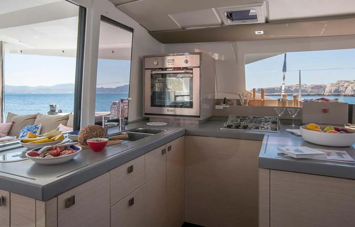 Galley of Follow the Sun, a Fountaine Pajot Astrea 42 catamaran at Municipal Unit of Lefkada, Greece
