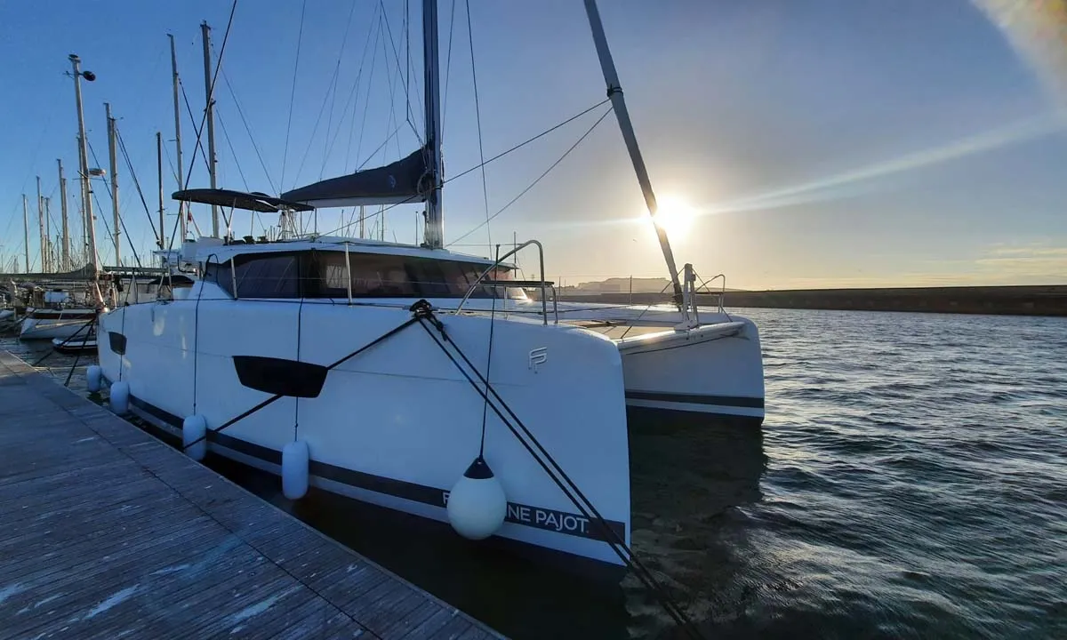 Exterior view of Follow the Sun, a Fountaine Pajot Astrea 42 catamaran at Municipal Unit of Lefkada, Greece