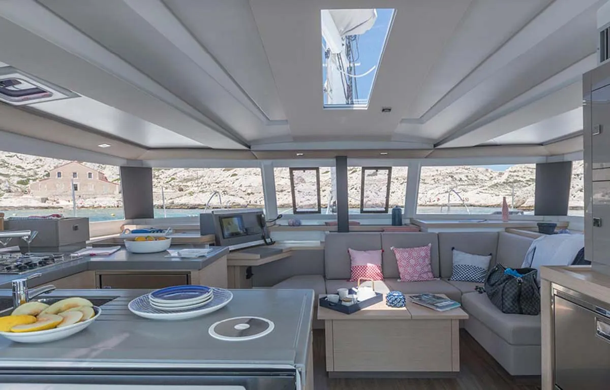 Salon of Follow the Sun, a Fountaine Pajot Astrea 42 catamaran at Municipal Unit of Lefkada, Greece