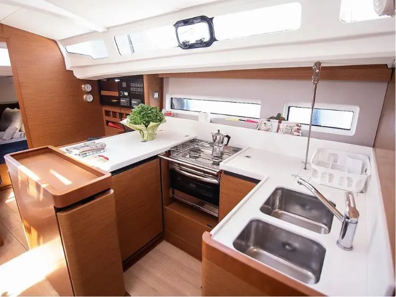 Galley of Georgia, a Jeanneau Sun Odyssey 440 sailboat at Kontokali, Greece
