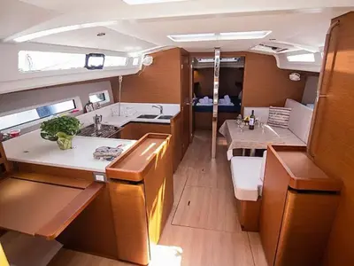 Salon of Georgia, a Jeanneau Sun Odyssey 440 sailboat at Kontokali, Greece