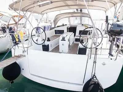 Cockpit of Georgia, a Jeanneau Sun Odyssey 440 sailboat at Kontokali, Greece
