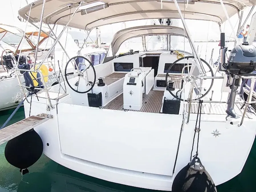 Cockpit of Georgia, a Jeanneau Sun Odyssey 440 sailboat at Kontokali, Greece