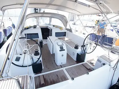 Cockpit of Georgia, a Jeanneau Sun Odyssey 440 sailboat at Kontokali, Greece