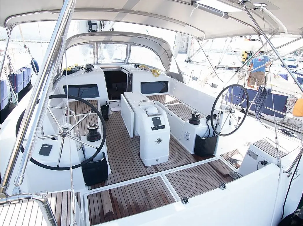 Cockpit of Georgia, a Jeanneau Sun Odyssey 440 sailboat at Kontokali, Greece