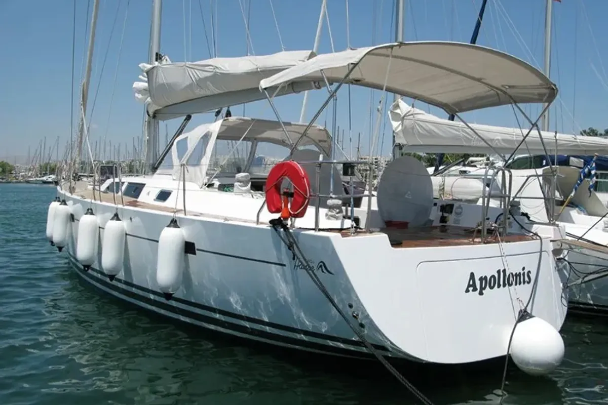 Exterior view of Apollonis, a Hanse 540 sailboat at Athens, Greece