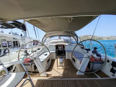 Cockpit of Apollonis, a Hanse 540 sailboat at Athens, Greece