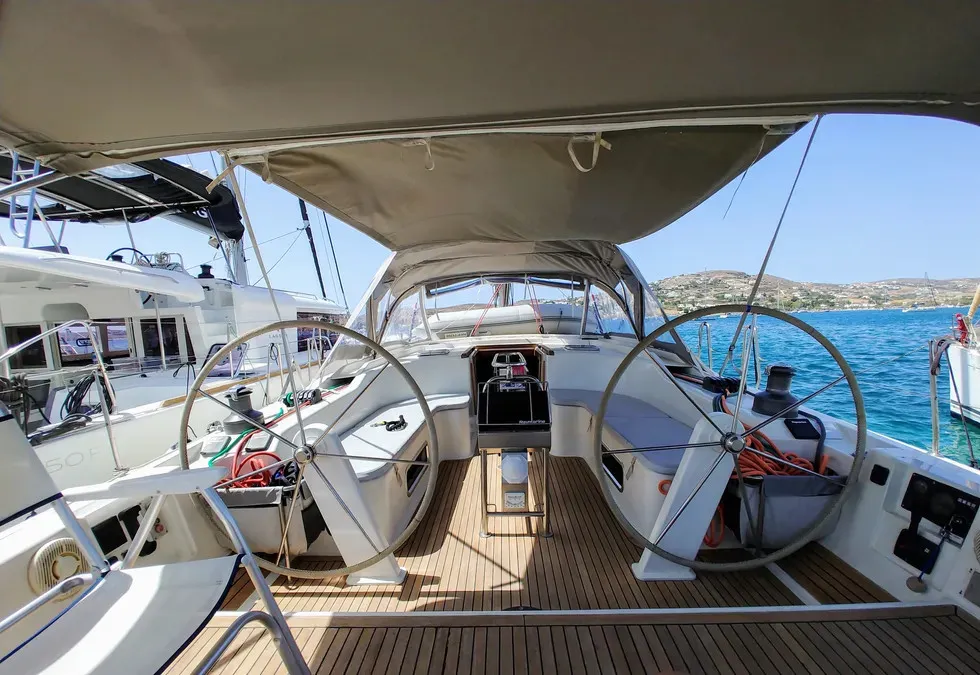 Cockpit of Apollonis, a Hanse 540 sailboat at Athens, Greece
