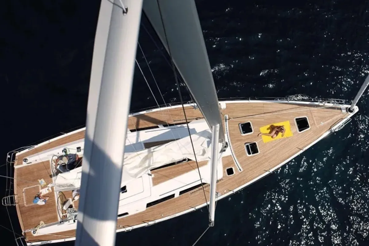 Exterior view of Apollonis, a Hanse 540 sailboat at Athens, Greece