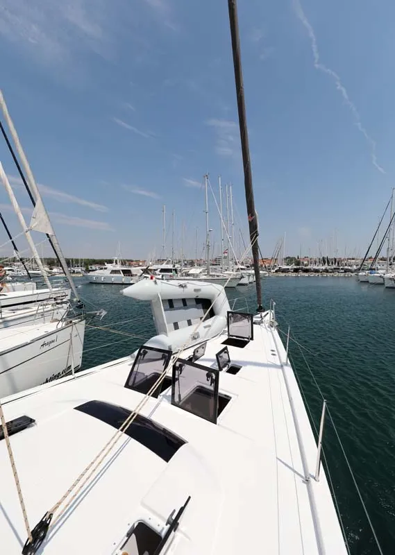 Deck of Amalia, a Dufour 56 Exclusive sailboat at Grad Trogir, Croatia