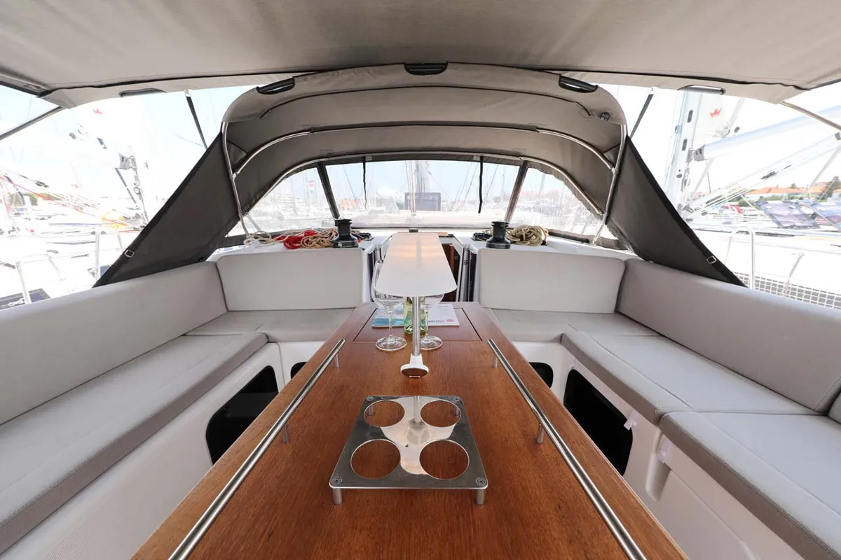 Cockpit of Amalia, a Dufour 56 Exclusive sailboat at Grad Trogir, Croatia