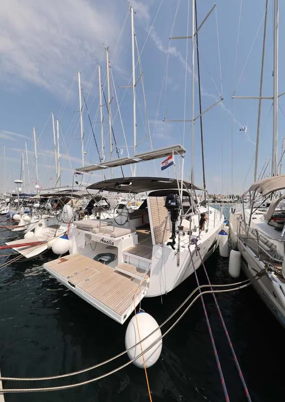 Exterior view of Amalia, a Dufour 56 Exclusive sailboat at Grad Trogir, Croatia