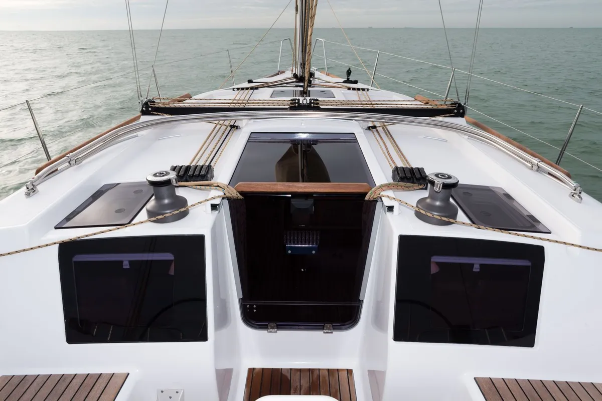 Deck of Regor, a Dufour 382 Grand Large sailboat at Cagliari, Italy