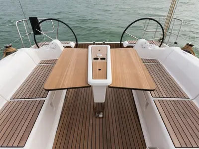 Deck of Regor, a Dufour 382 Grand Large sailboat at Cagliari, Italy