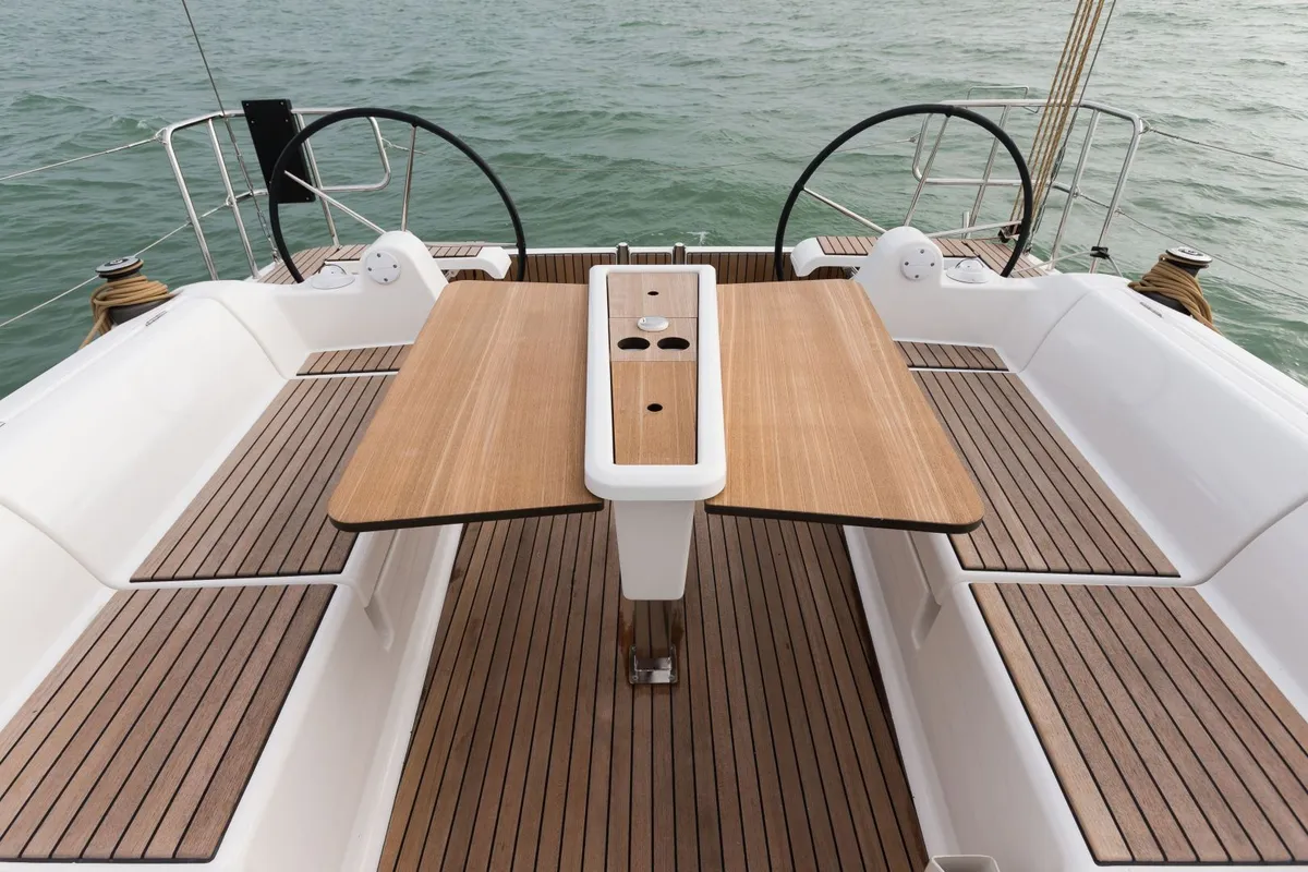 Deck of Regor, a Dufour 382 Grand Large sailboat at Cagliari, Italy