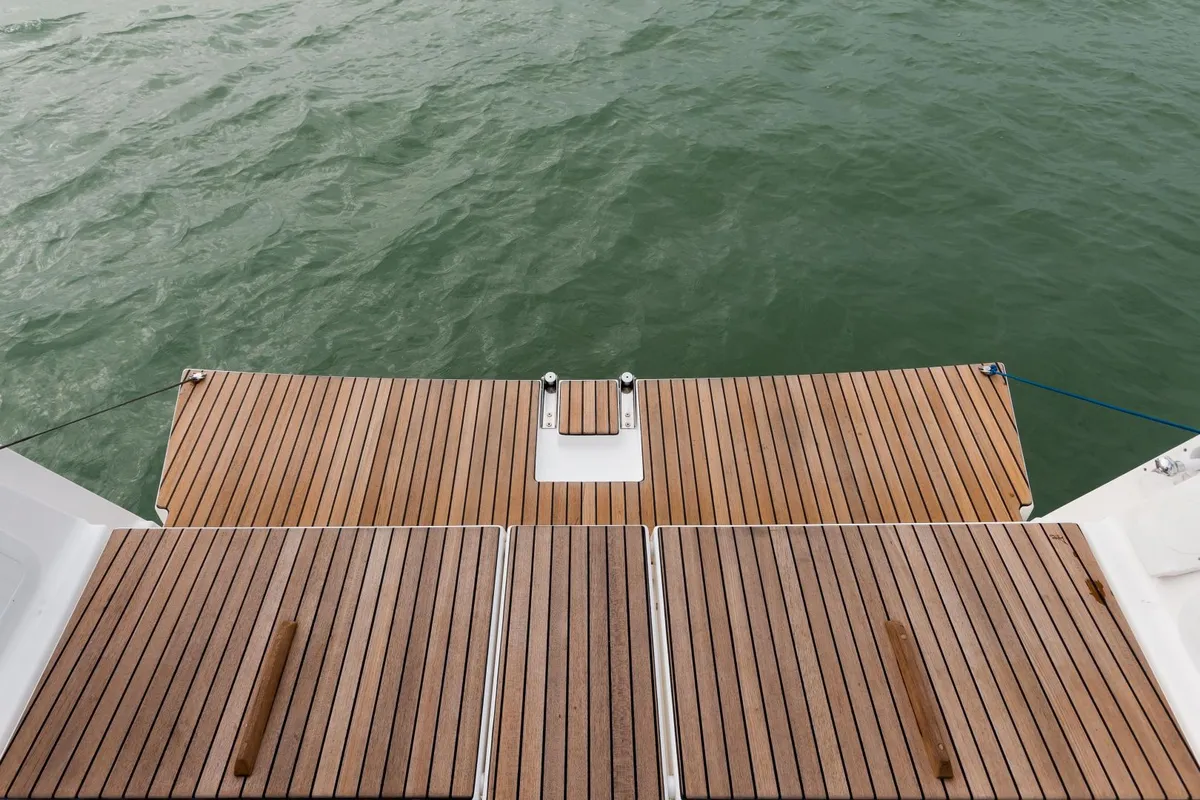 Deck of Regor, a Dufour 382 Grand Large sailboat at Cagliari, Italy