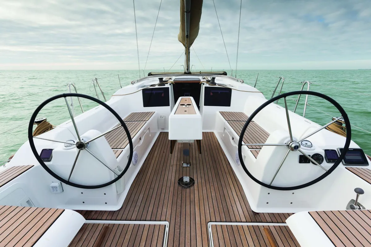 Cockpit of Regor, a Dufour 382 Grand Large sailboat at Cagliari, Italy