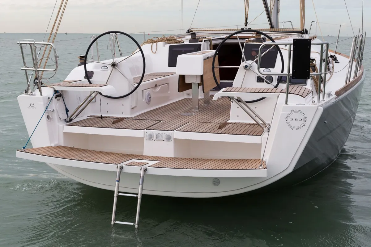 Exterior view of Regor, a Dufour 382 Grand Large sailboat at Cagliari, Italy