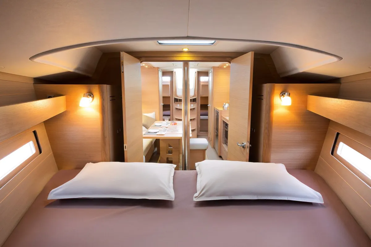 Cabin on Regor, a Dufour 382 Grand Large sailboat at Cagliari, Italy