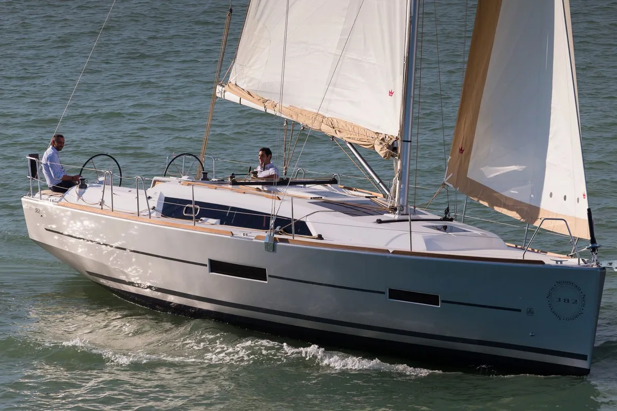 Exterior view of Regor, a Dufour 382 Grand Large sailboat at Cagliari, Italy