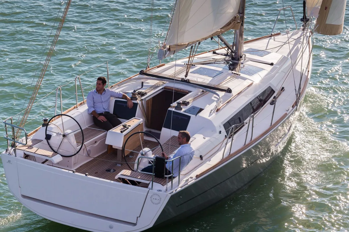Exterior view of Regor, a Dufour 382 Grand Large sailboat at Cagliari, Italy