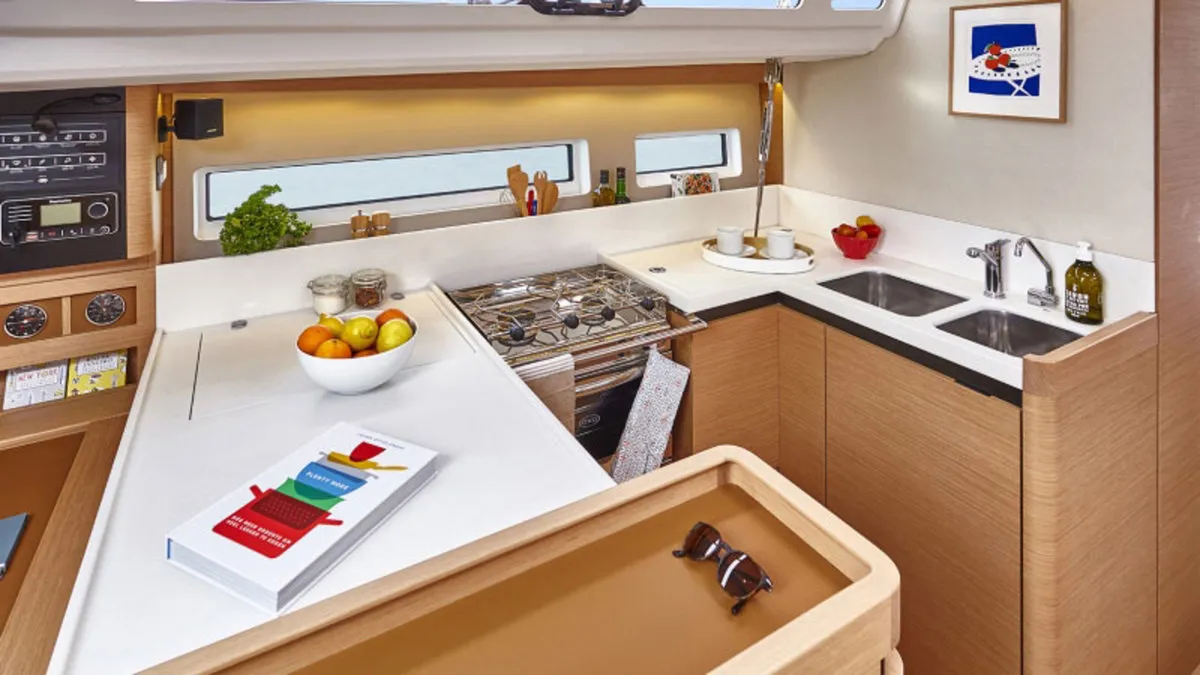 Galley of Sunsail 44 SO Premium, a Jeanneau Sun Odyssey 440 sailboat at Cannigione, Italy