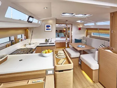Salon of Sunsail 44 SO Premium, a Jeanneau Sun Odyssey 440 sailboat at Cannigione, Italy