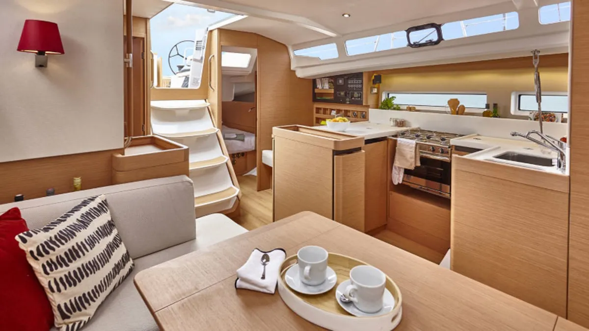 Salon of Sunsail 44 SO Premium, a Jeanneau Sun Odyssey 440 sailboat at Cannigione, Italy