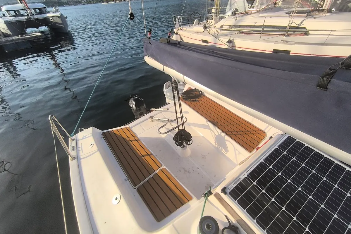 Deck of Tiptih, a Viko S 21 sailboat at Split, Croatia
