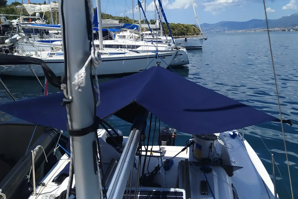 Deck of Tiptih, a Viko S 21 sailboat at Split, Croatia