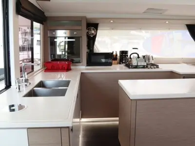 Galley of Soleil Rae, a Fountaine Pajot Saba 50 catamaran at Road Town, British Virgin Islands