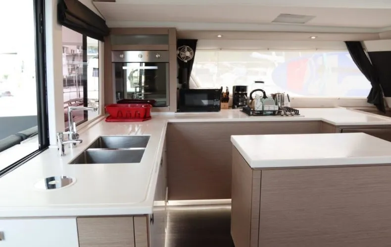 Galley of Soleil Rae, a Fountaine Pajot Saba 50 catamaran at Road Town, British Virgin Islands