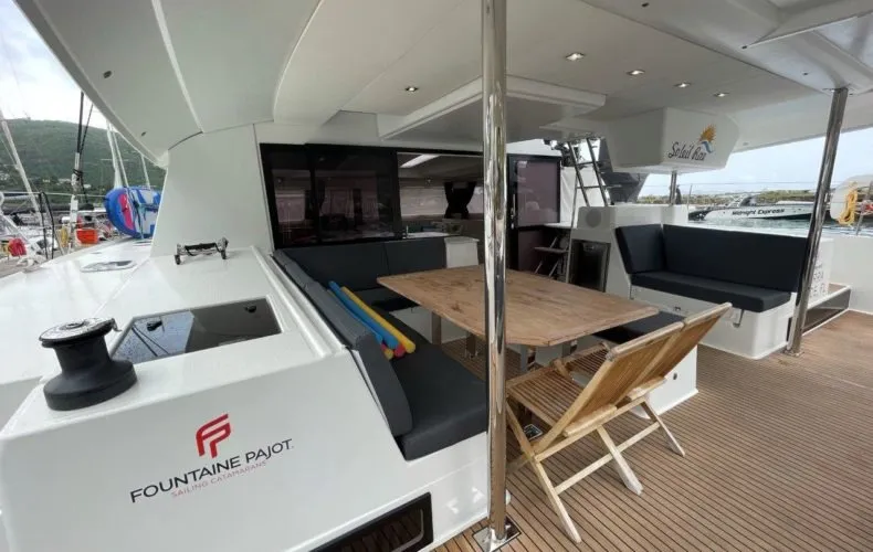 Deck of Soleil Rae, a Fountaine Pajot Saba 50 catamaran at Road Town, British Virgin Islands