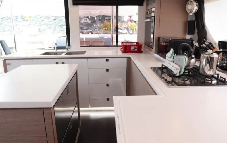 Deck of Soleil Rae, a Fountaine Pajot Saba 50 catamaran at Road Town, British Virgin Islands